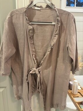 Cobblestone Made in Italy Light Taupe Linen Tie-Front Ruffle Cardigan